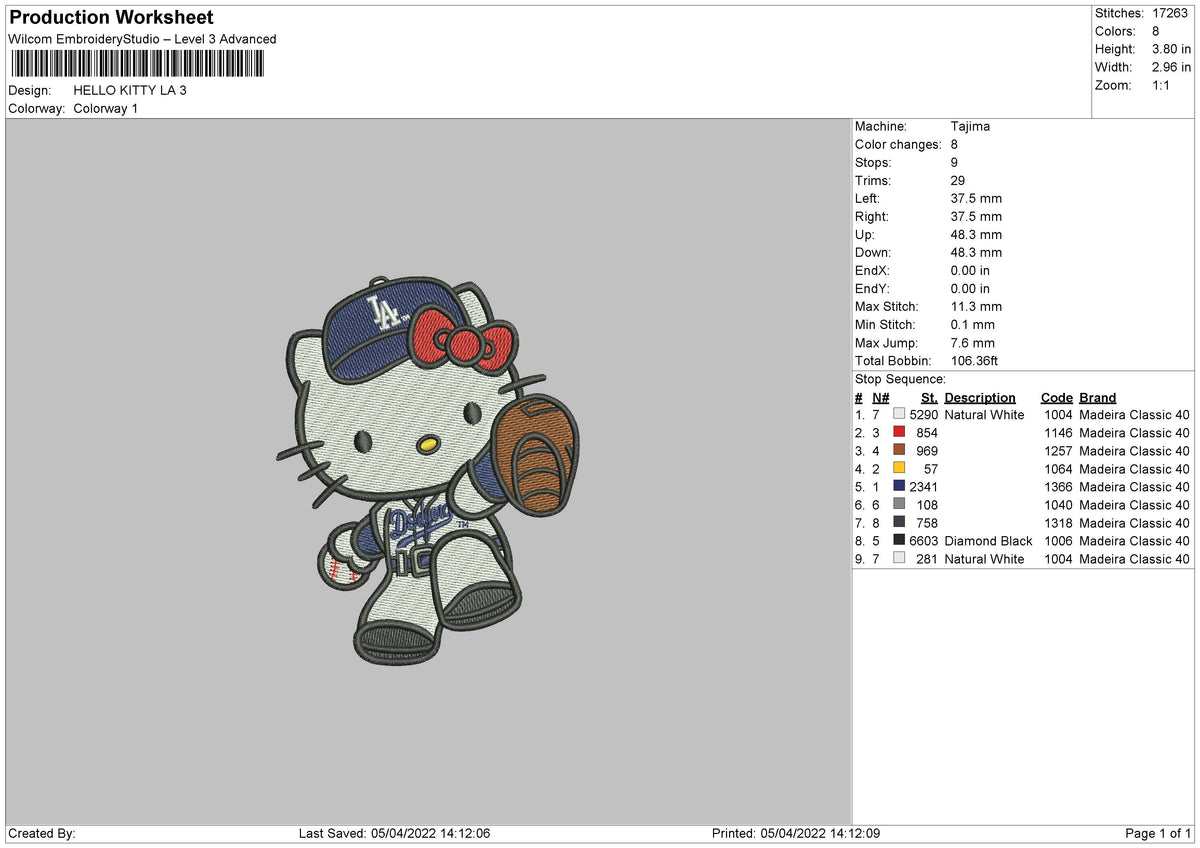 Los Angeles Baseball Kitty Embroidery File 